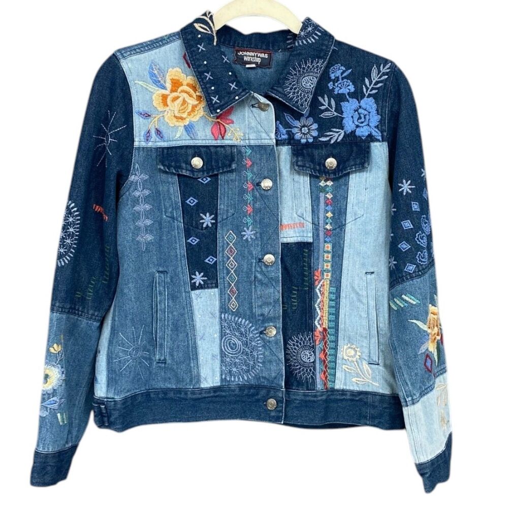 Johnny Was Floral Embroidered Denim Jacket Boho Patchwork Blue Jean Small
